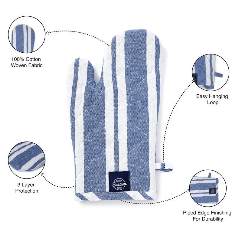 Encasa XO Long 12"x7" Oven Microwave Hand Gloves Mitts (2 pc Set) for Kitchen Cooking & Baking - Heat Resistant, Thick & Safe, Protection of Hands from Hot Utensils - Franca Blue Stripes - Image 5